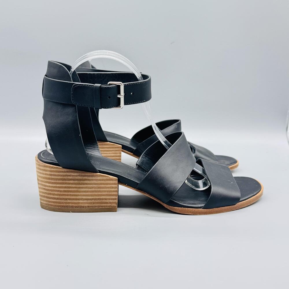 Vince Sandals Women 10 Black Leather Strappy Ankle Strap Buckle Block Heel Shoes